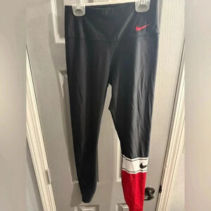 Womens Nike Dri Fit striped athletic activewear leggings in black red & white XS